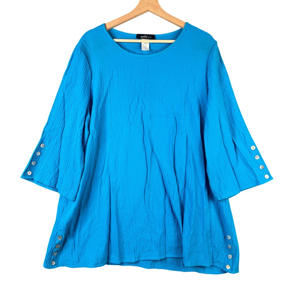 Yushi Blue Crinkle Gauze Bell Sleeve Tunic Top Shell Buttons Style 2107 Size XL